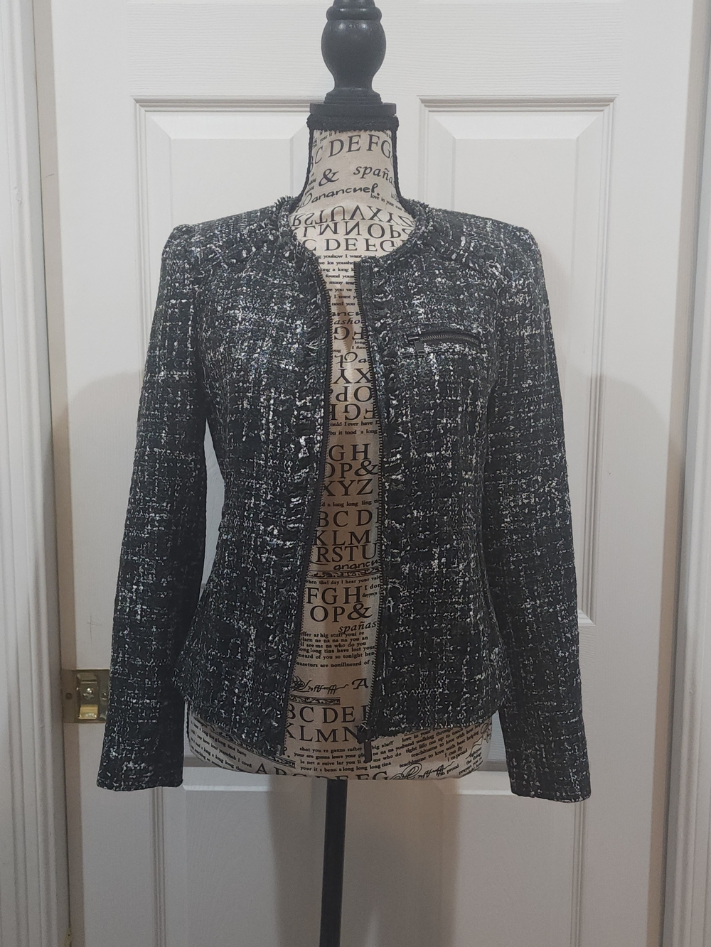 J. Crew Black and White Tweed Zip-Front Blazer